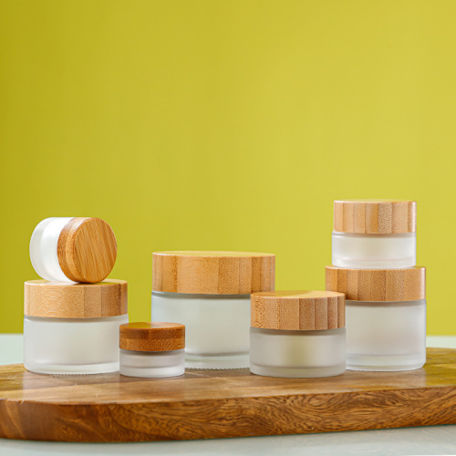 Bamboo and wooden cover cream bottle frosted glass sealed cosmetic packaging empty bottle frosted glass bamboo and wooden cover cream bottle