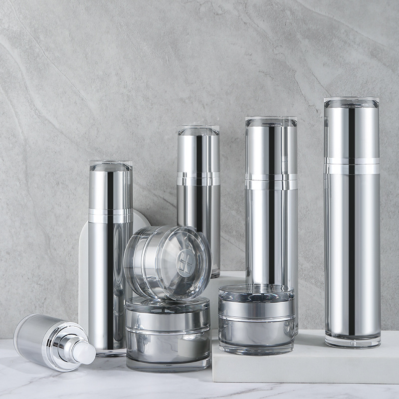 High-grade straight round bottle, vacuum bottle, silver cream bottle, high-grade plastic cosmetic packaging set bottle