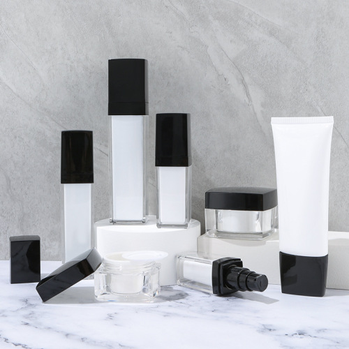 Black and white square bottle packaging material acrylic push lotion bottle advanced cosmetic packaging set