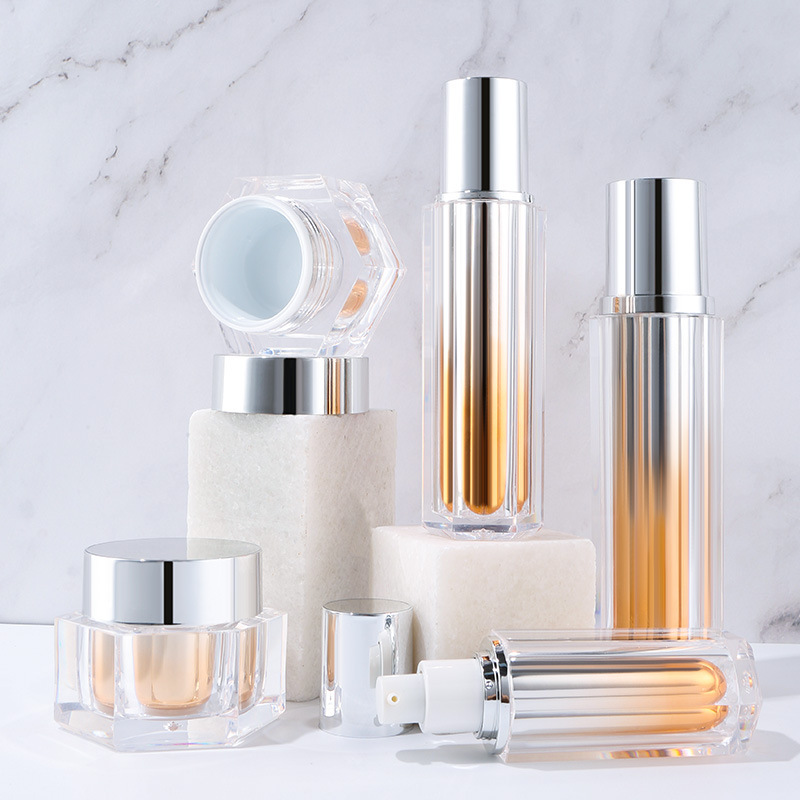 Acrylic double-layer gradient hexagonal cosmetics packaging bottle small batch packaging material vacuum press lotion bottle