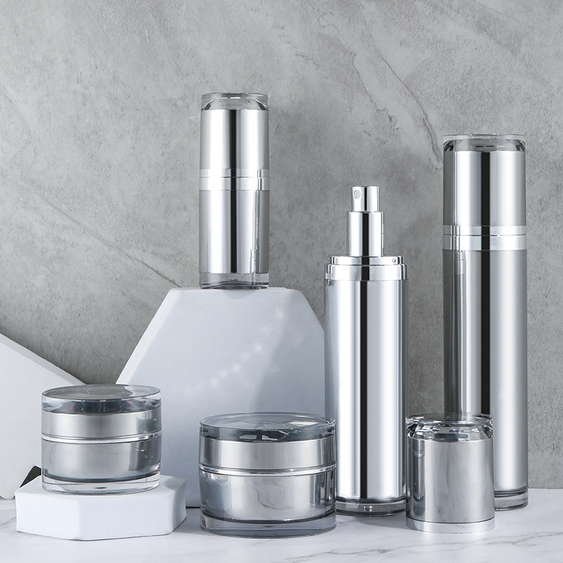 High-grade straight round bottle, vacuum bottle, silver cream bottle, high-grade plastic cosmetic packaging set bottle