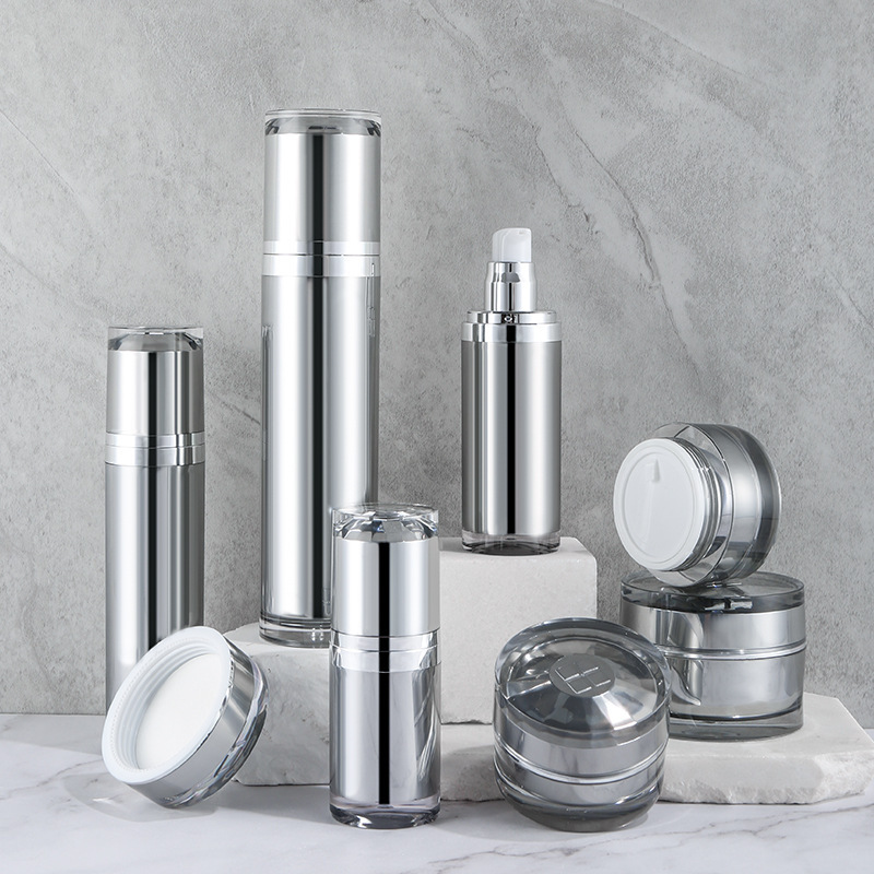 High-grade straight round bottle, vacuum bottle, silver cream bottle, high-grade plastic cosmetic packaging set bottle