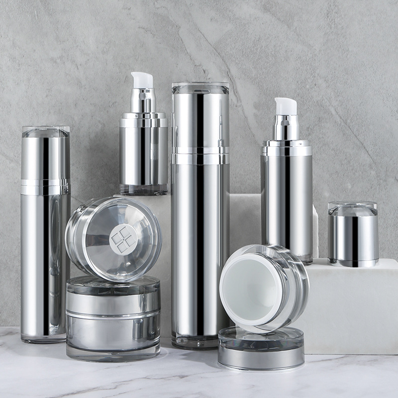 High-grade straight round bottle, vacuum bottle, silver cream bottle, high-grade plastic cosmetic packaging set bottle