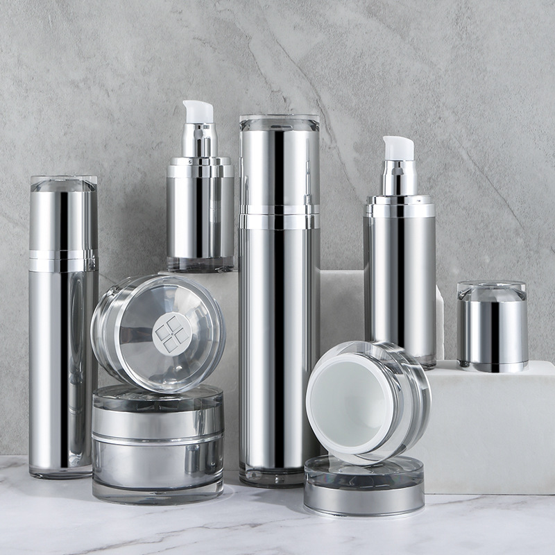High-grade straight round bottle, vacuum bottle, silver cream bottle, high-grade plastic cosmetic packaging set bottle