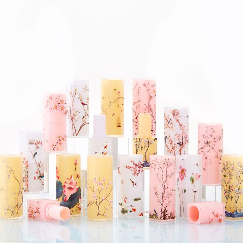 Elegant frosted translucent square lipstick tube Chinese style fresh classical 3D printed magpie flower and bird lipstick shell