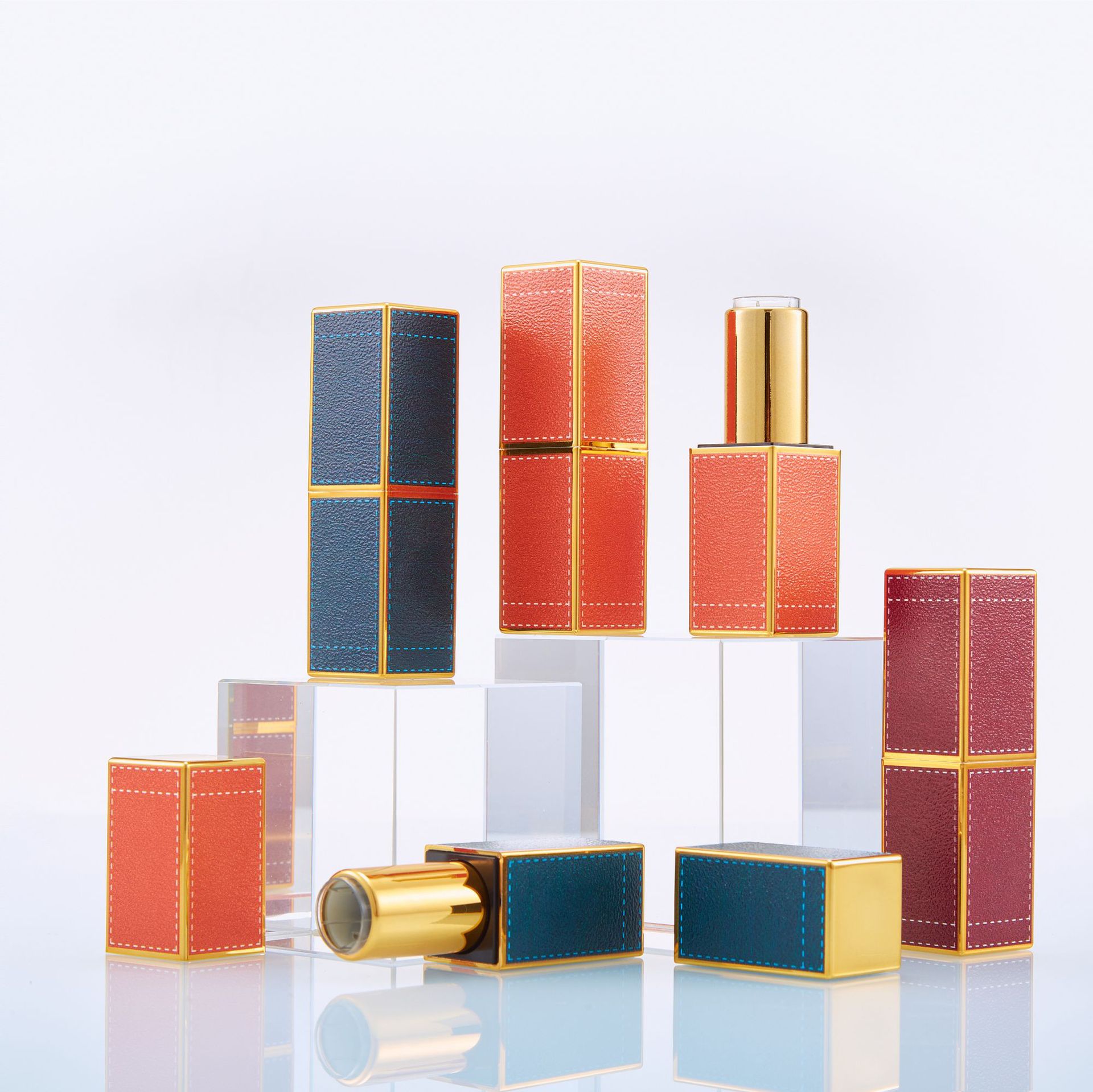 Handmade DIY lipstick materials Orange red green leather texture lipstick tube 3D printed magnetic buckle lipstick empty tube