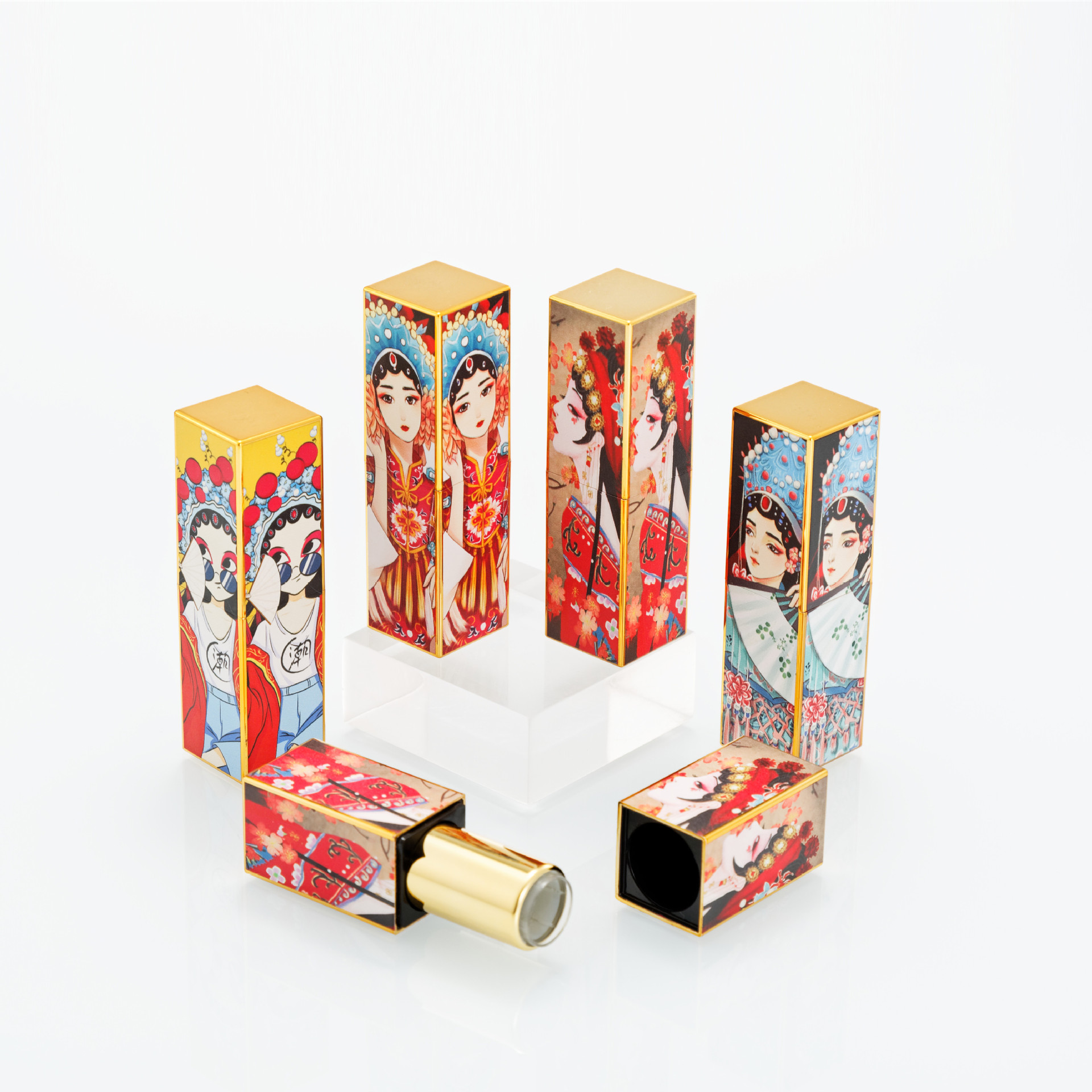 Magnetic buckle lipstick tube empty tube 3D relief printing golden Chinese style Peking opera lipstick tube square shell