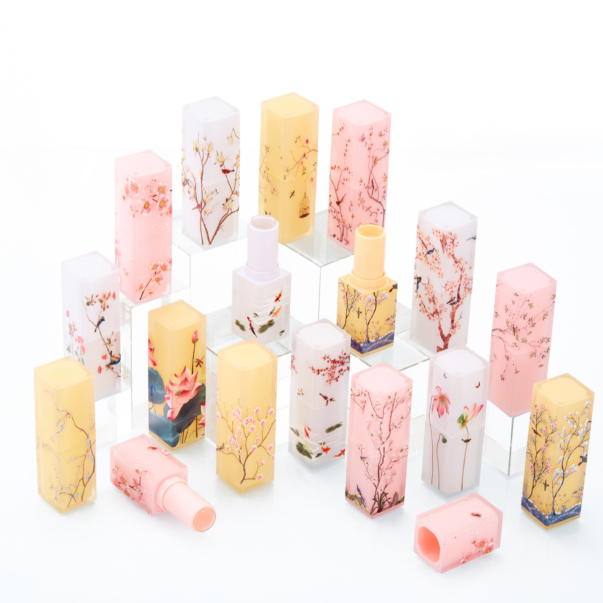 Elegant frosted translucent square lipstick tube Chinese style fresh classical 3D printed magpie flower and bird lipstick shell
