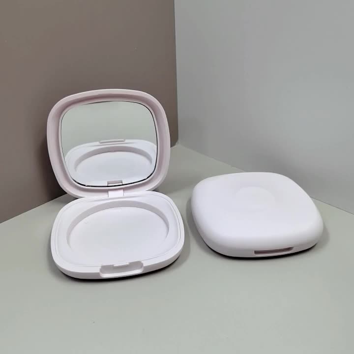 White flip cover with mirror monochrome powder box plastic loose powder makeup box high gloss contour blush packaging