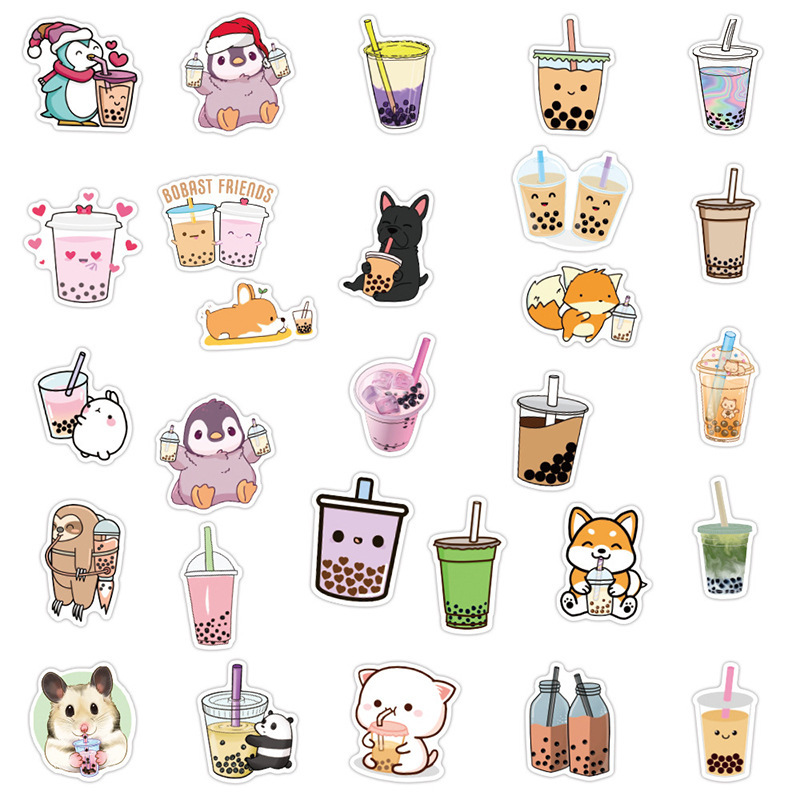 Pearl milk tea cute animal stickers Milk tea stickers handbook food beverage fruit tea food label customization
