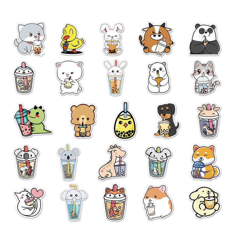 Pearl milk tea cute animal stickers Milk tea stickers handbook food beverage fruit tea food label customization