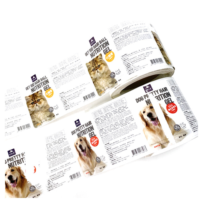 Dog food stickers custom transparent PVC trademark food snacks printing color coated paper cat food stickers
