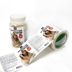 Dog food stickers custom transparent PVC trademark food snacks printing color coated paper cat food stickers