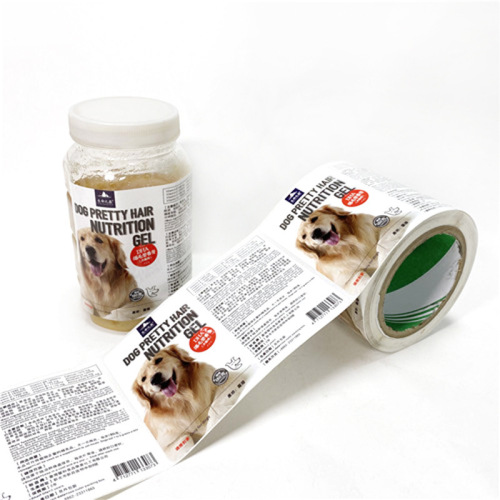 Dog food stickers custom transparent PVC trademark food snacks printing color coated paper cat food stickers