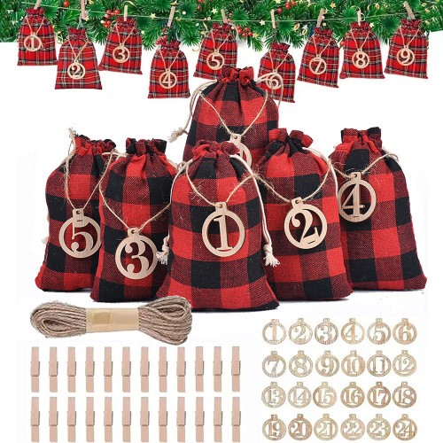 Christmas Cotton Gift Bag Set Wooden Hanging Tag 1-24 Christmas Advent Calendar Candy Cotton Drawstring Bag