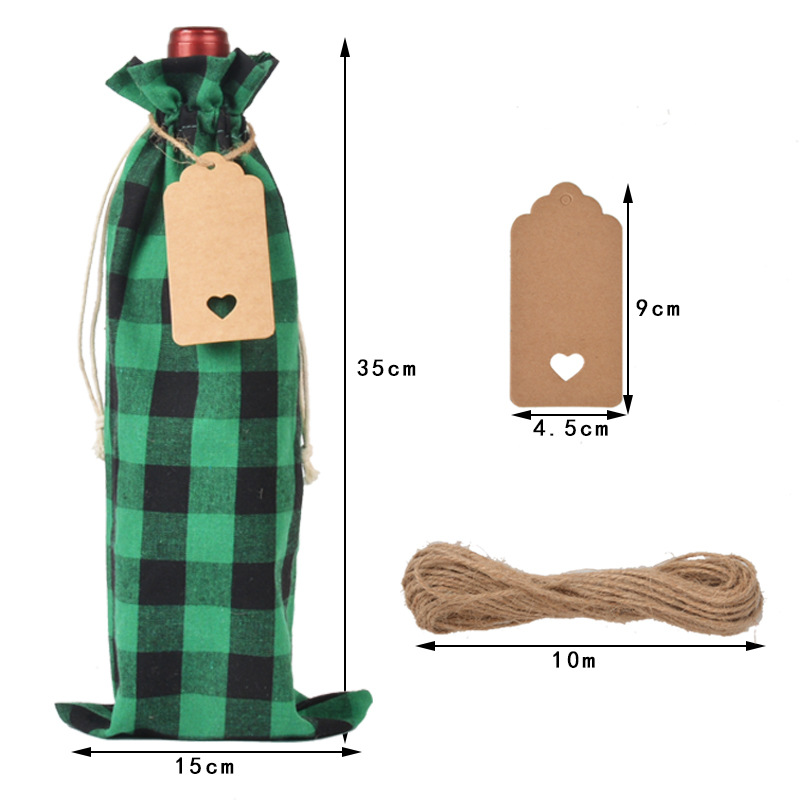 New Christmas Plaid Red Wine Bag Set Buffalo Plaid Wine Bottle Bag Party Gift Bag Plaid Cotton Drawstring Bag