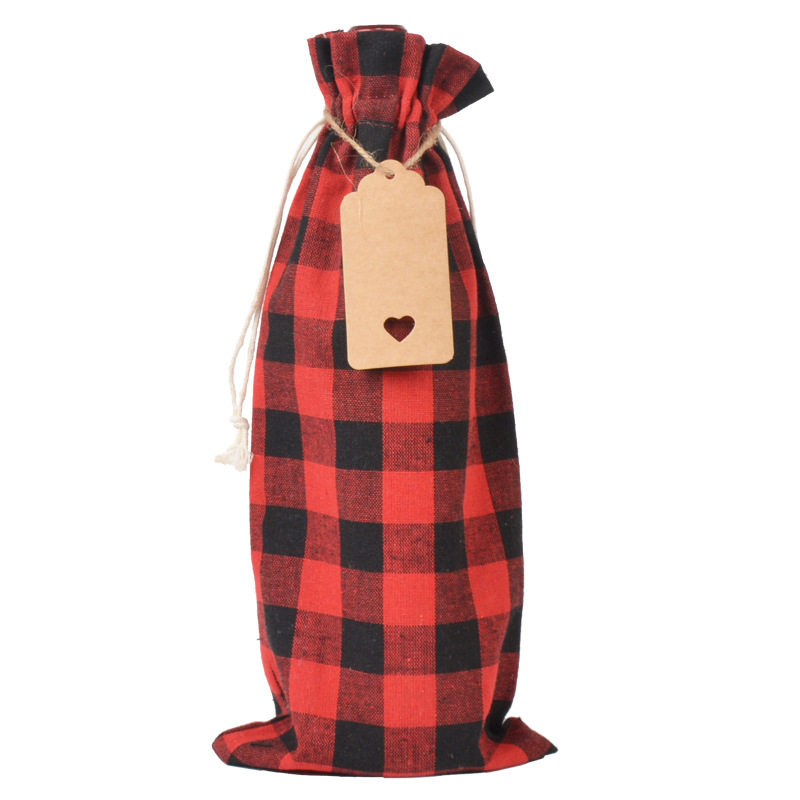 New Christmas Plaid Red Wine Bag Set Buffalo Plaid Wine Bottle Bag Party Gift Bag Plaid Cotton Drawstring Bag