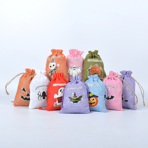New luminous Halloween linen drawstring bag candy biscuits storage Halloween gift decoration drawstring bag