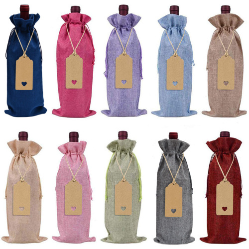 Red wine bottle bag 10pcs linen red wine bag set + tag red wine packaging bag linen drawstring bag