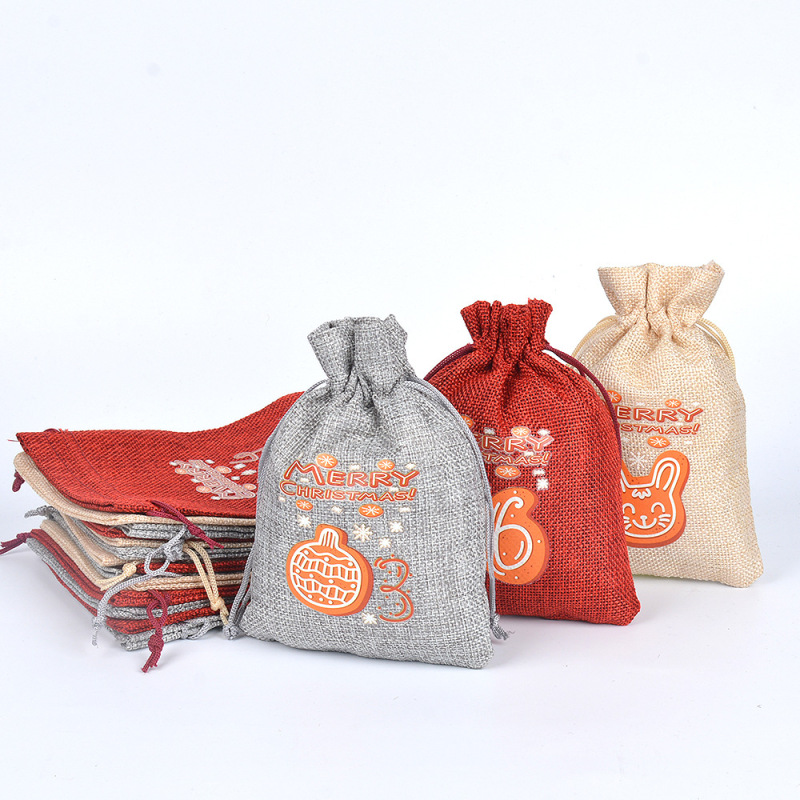 3 Color Linen Nylon Rope Christmas Set Advent Countdown 1-24 Calendar Gift Bag Candy Packaging Drawstring Bag
