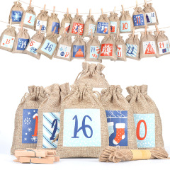 Hot sale Amazon luminous linen linen bag set 1-24 countdown calendar hanging bag drawstring gift candy bag