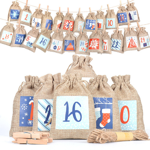 Hot sale Amazon luminous linen linen bag set 1-24 countdown calendar hanging bag drawstring gift candy bag