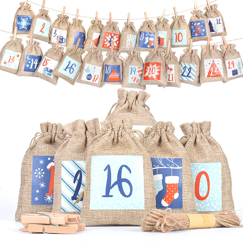 Hot sale Amazon luminous linen linen bag set 1-24 countdown calendar hanging bag drawstring gift candy bag