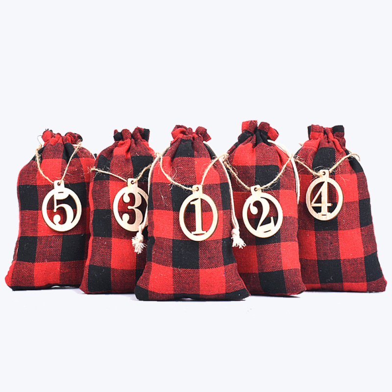 Christmas Cotton Gift Bag Set Wooden Hanging Tag 1-24 Christmas Advent Calendar Candy Cotton Drawstring Bag