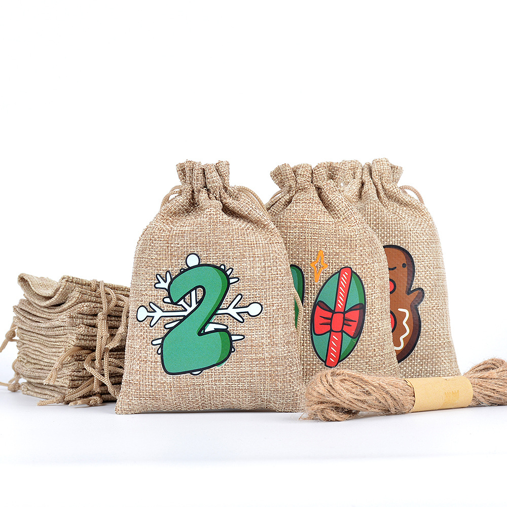 Party Christmas Gift Bag Set Advent Countdown 1-24 Hanging Bag Luminous Linen Drawstring Candy Packaging Bag