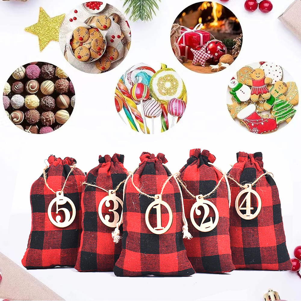 Christmas Cotton Gift Bag Set Wooden Hanging Tag 1-24 Christmas Advent Calendar Candy Cotton Drawstring Bag