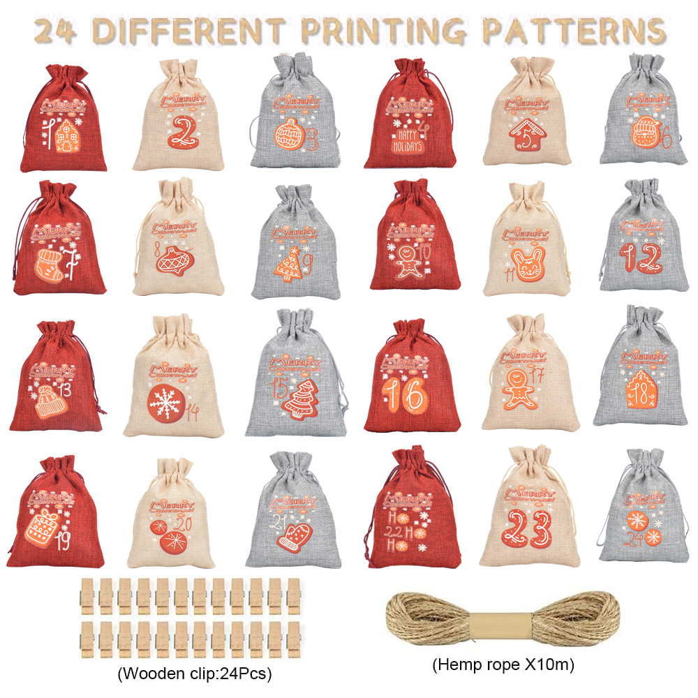 3 Color Linen Nylon Rope Christmas Set Advent Countdown 1-24 Calendar Gift Bag Candy Packaging Drawstring Bag