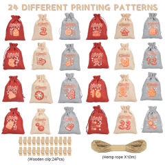 3 Color Linen Nylon Rope Christmas Set Advent Countdown 1-24 Calendar Gift Bag Candy Packaging Drawstring Bag