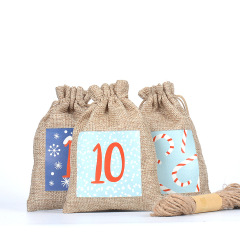 Hot sale Amazon luminous linen linen bag set 1-24 countdown calendar hanging bag drawstring gift candy bag