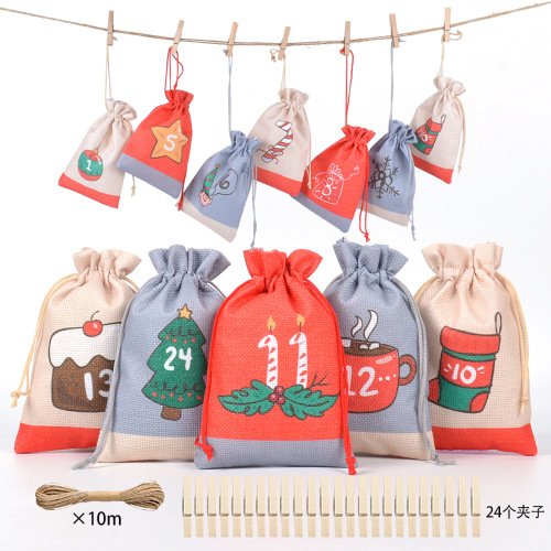 New Christmas stitching burlap bag countdown set drawstring party party candy gift box packaging storage bag