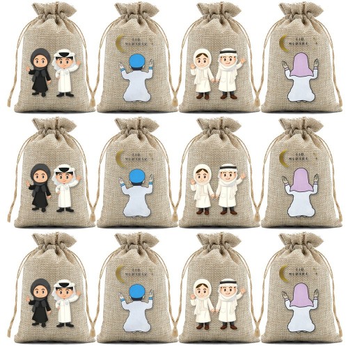 Stars and Moon Linen Bag Drawstring Bag Middle Eastern Festival Boys and Girls Decorative Gift Gift Bag
