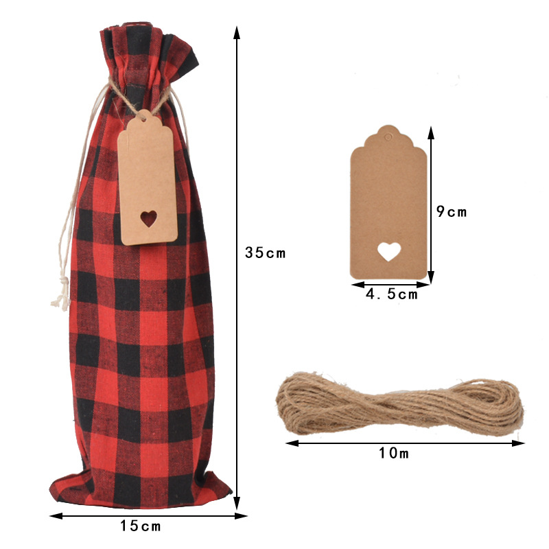 New Christmas Plaid Red Wine Bag Set Buffalo Plaid Wine Bottle Bag Party Gift Bag Plaid Cotton Drawstring Bag