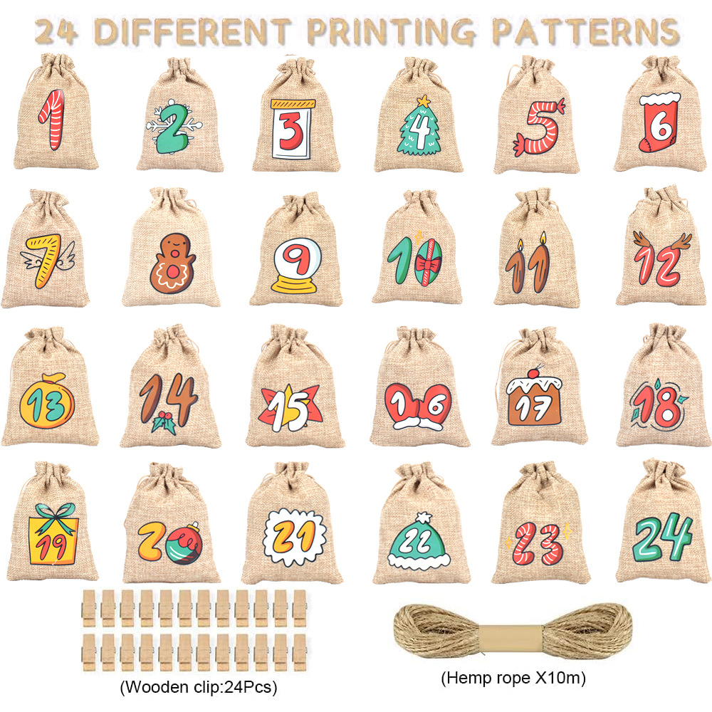 Party Christmas Gift Bag Set Advent Countdown 1-24 Hanging Bag Luminous Linen Drawstring Candy Packaging Bag