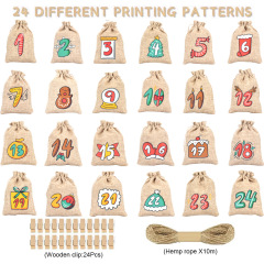 Party Christmas Gift Bag Set Advent Countdown 1-24 Hanging Bag Luminous Linen Drawstring Candy Packaging Bag