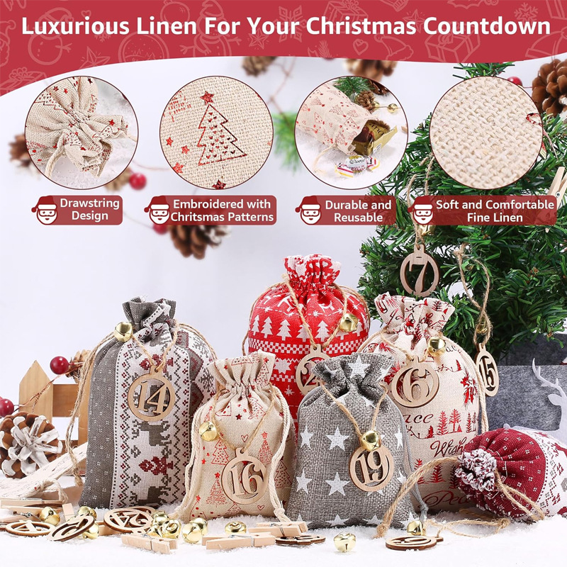 New Christmas Advent Calendar Burlap Bag 1-24 Party Candy Bag Christmas Gift Bag