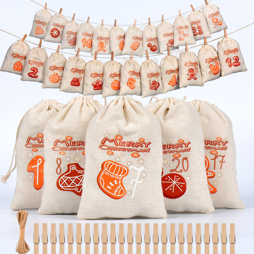 Christmas Cotton Bag Advent Set 1-24 Countdown Candy Gift Packaging Storage Drawstring Bag