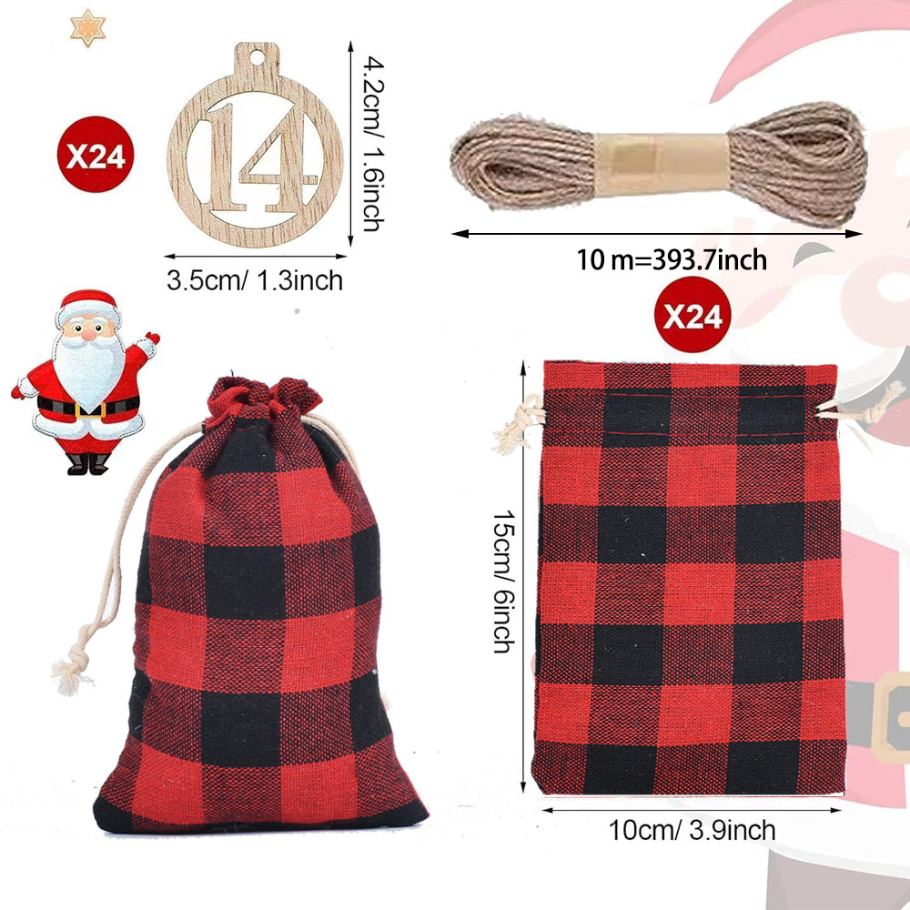 Christmas Cotton Gift Bag Set Wooden Hanging Tag 1-24 Christmas Advent Calendar Candy Cotton Drawstring Bag