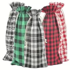 New Christmas Plaid Red Wine Bag Set Buffalo Plaid Wine Bottle Bag Party Gift Bag Plaid Cotton Drawstring Bag