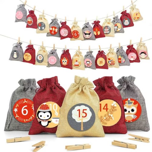Christmas burlap gift bag advent calendar candy bag Christmas gift bag calendar 1-24 cloth bag