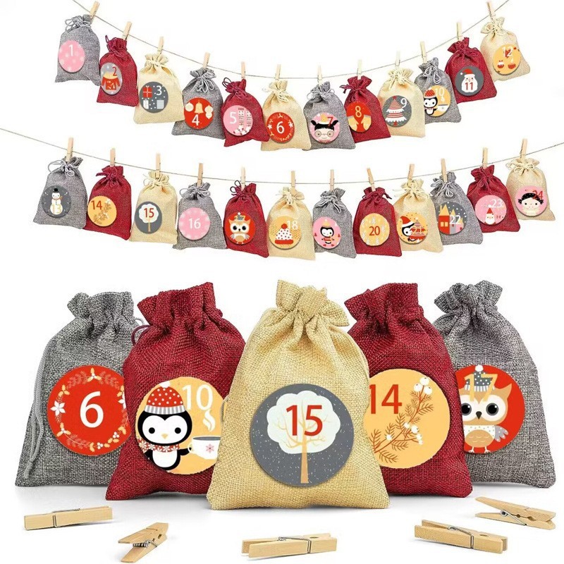 Christmas burlap gift bag advent calendar candy bag Christmas gift bag calendar 1-24 cloth bag