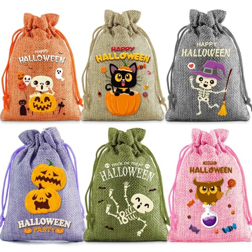 Halloween Linen Drawstring Bag Holiday Party Ghost Face Pumpkin Children's Candy Storage Bag Gift Bag Packaging Bag