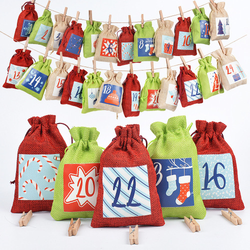 New Christmas 3-color linen bag set Advent 1-24 digital advent calendar Christmas gift bag