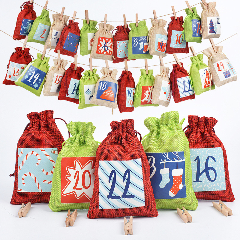 New Christmas 3-color linen bag set Advent 1-24 digital advent calendar Christmas gift bag