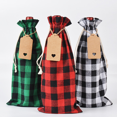 New Christmas Plaid Red Wine Bag Set Buffalo Plaid Wine Bottle Bag Party Gift Bag Plaid Cotton Drawstring Bag