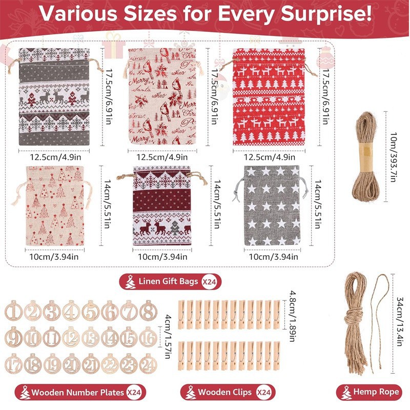New Christmas Advent Calendar Burlap Bag 1-24 Party Candy Bag Christmas Gift Bag