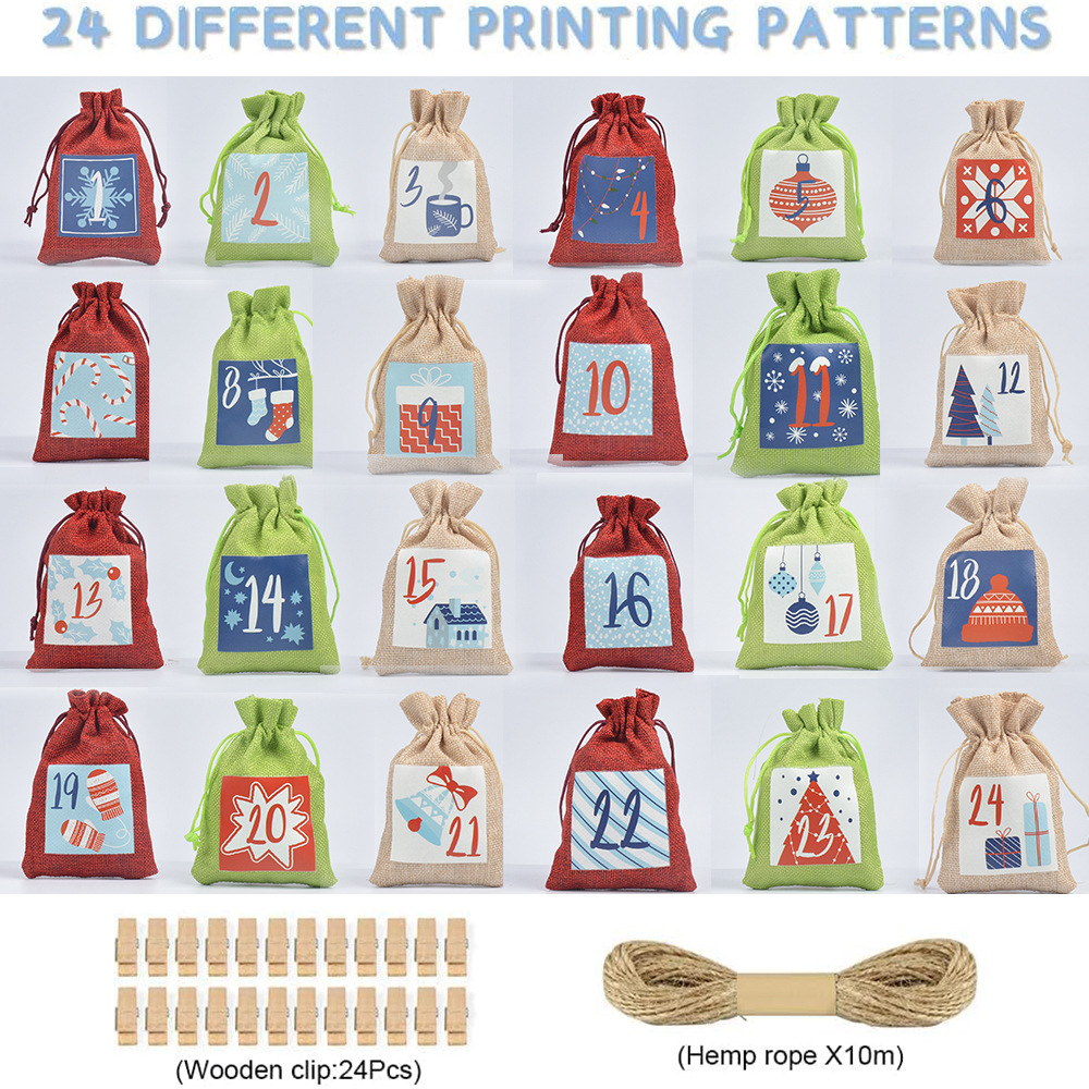 New Christmas 3-color linen bag set Advent 1-24 digital advent calendar Christmas gift bag